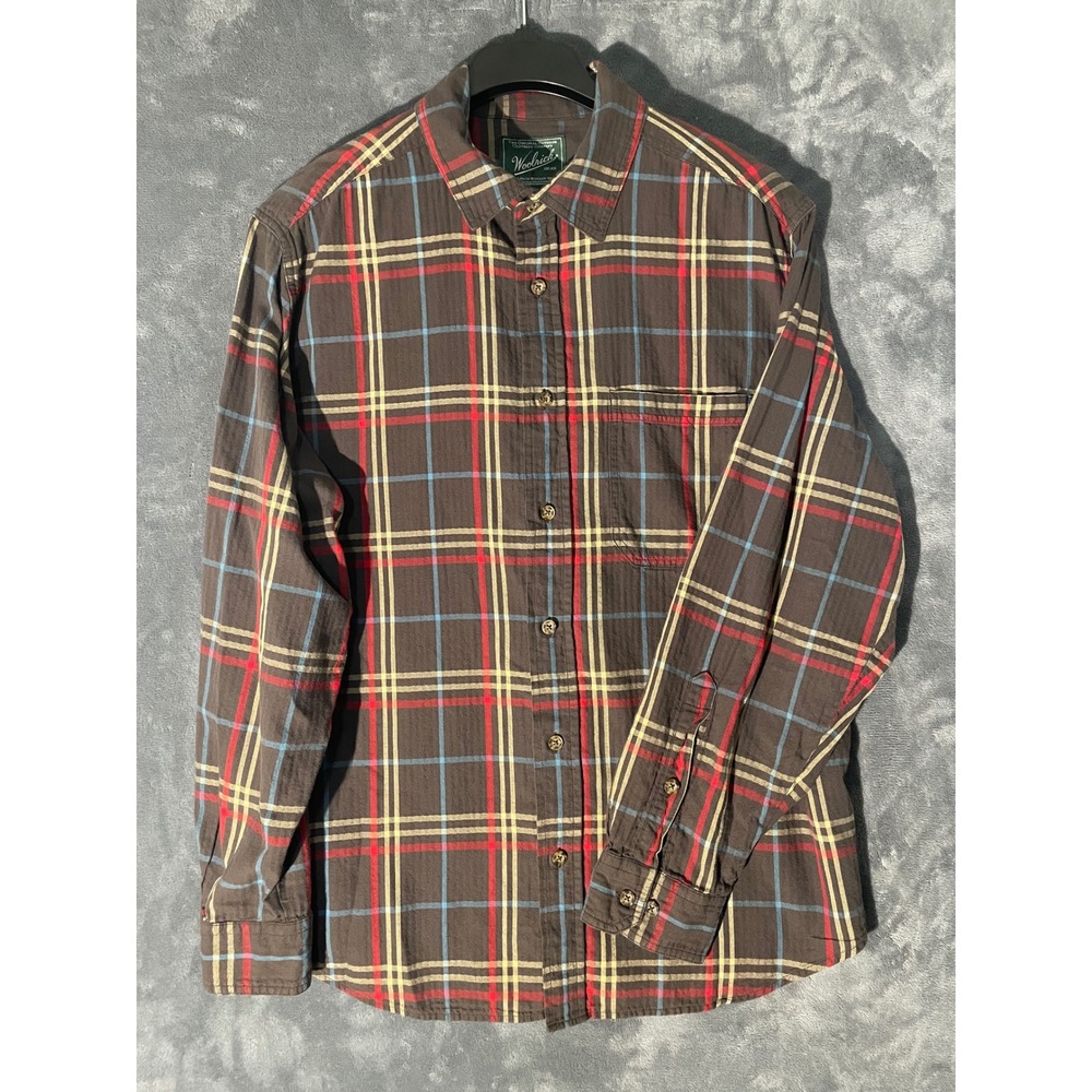 Woolrich Mens Long Sleeve Button Up Plaid Shirt Brown Red Yellow Blue Large